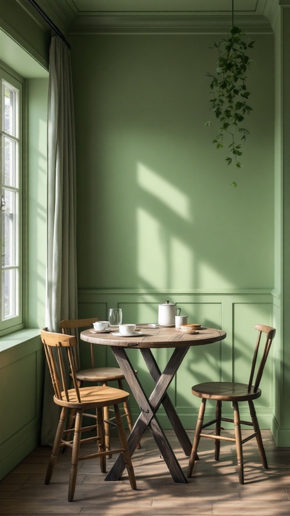 A rustic farmhouse kitchen nook with a wooden table and chairs, soft green walls, and natural light.