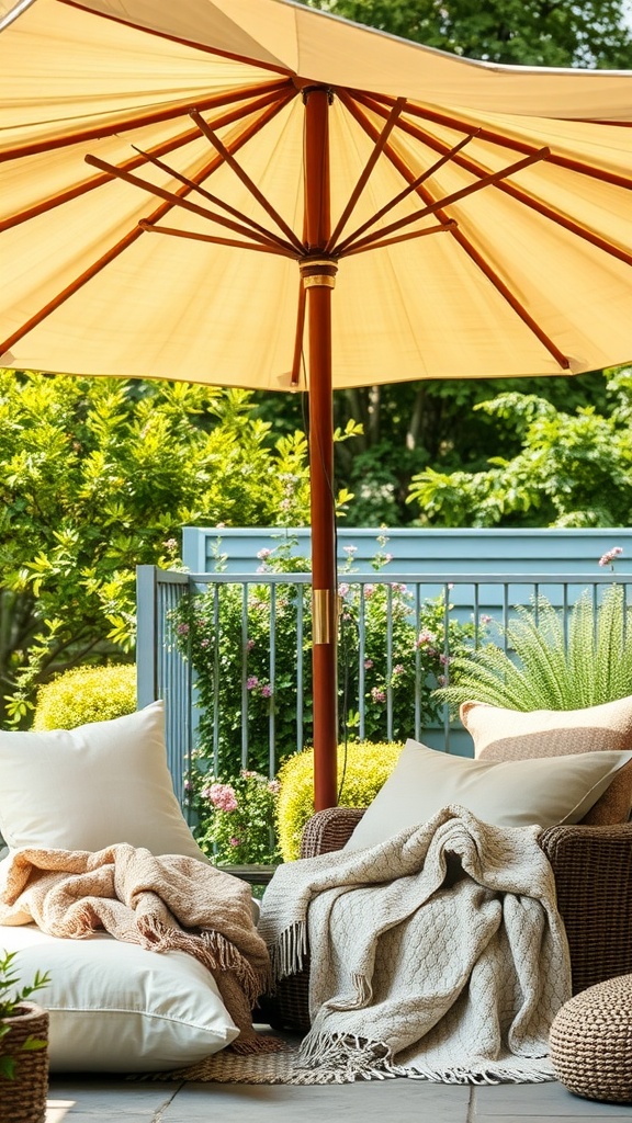 A cozy outdoor seating area with soft pillows and throws under a large umbrella.