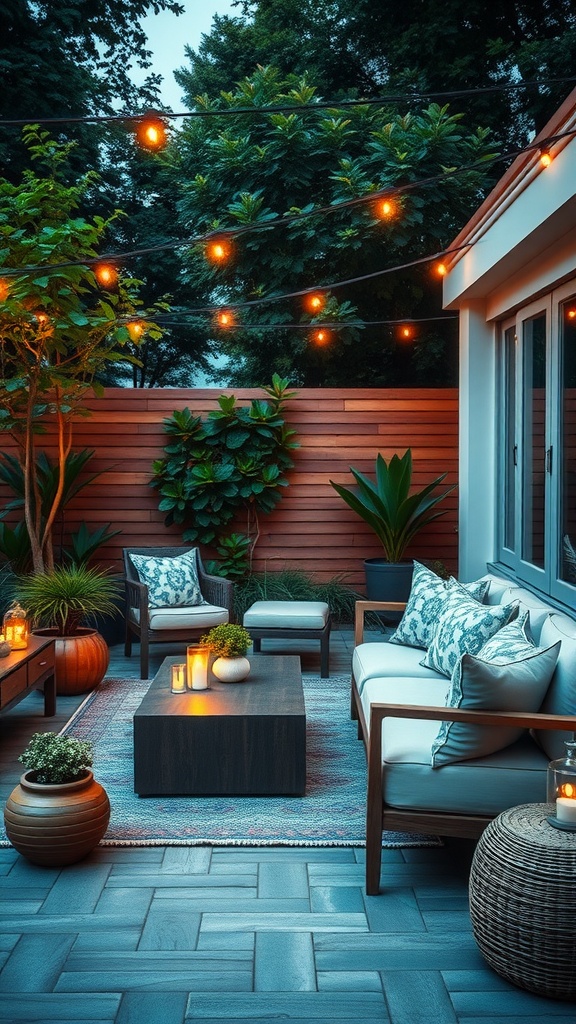 A cozy outdoor living room with comfortable seating, potted plants, and string lights.