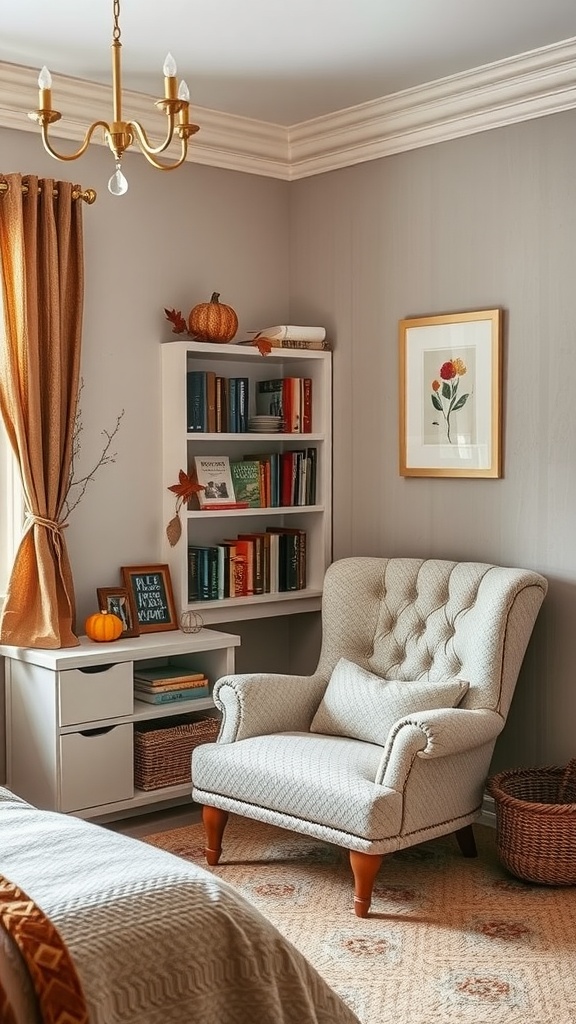 A cozy reading nook featuring a tufted chair, bookshelf with books, and autumn decorations.