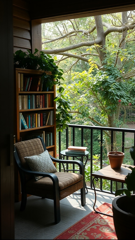 Cozy reading nook on a patio with a chair, side table, and bookshelf surrounded by greenery.