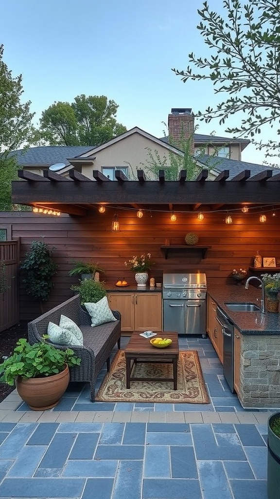 A cozy seating nook in an outdoor kitchen with a comfortable sofa, small table, and ambient lighting.