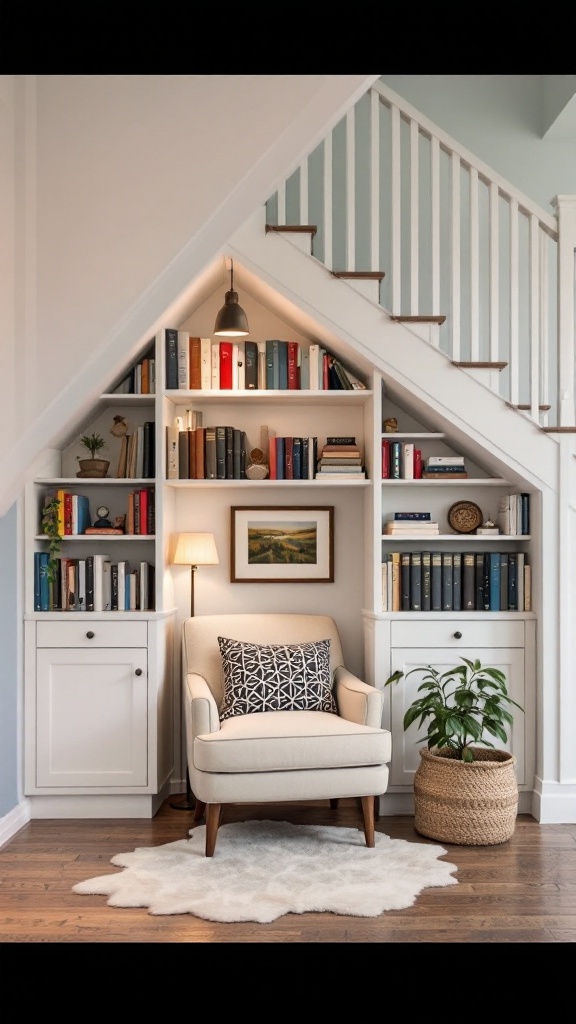 A cozy reading nook under the stairs with a chair, bookshelves, and a warm light.