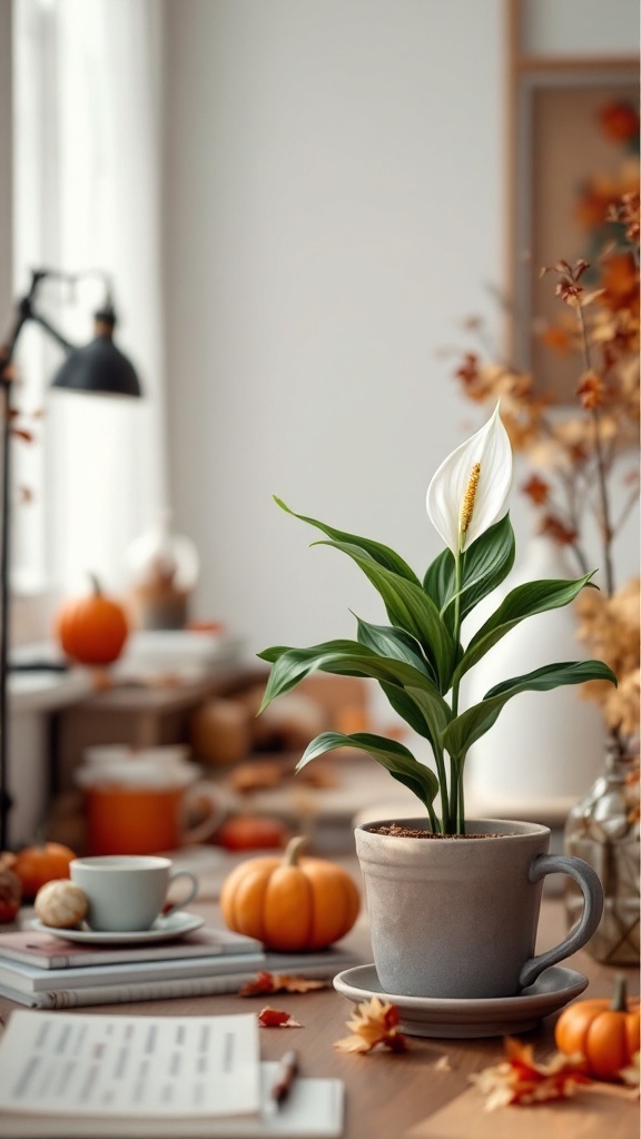 A Peace Lily plant in a cozy home office setting with a warm autumn theme.