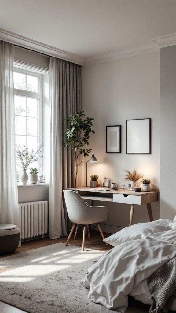 A stylish Scandinavian bedroom featuring a workspace with a desk and chair, plants, and a cozy bed.