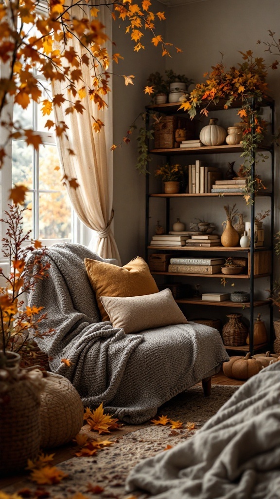 A cozy reading nook with a soft chair, warm blankets, and autumn decor, creating an inviting atmosphere.