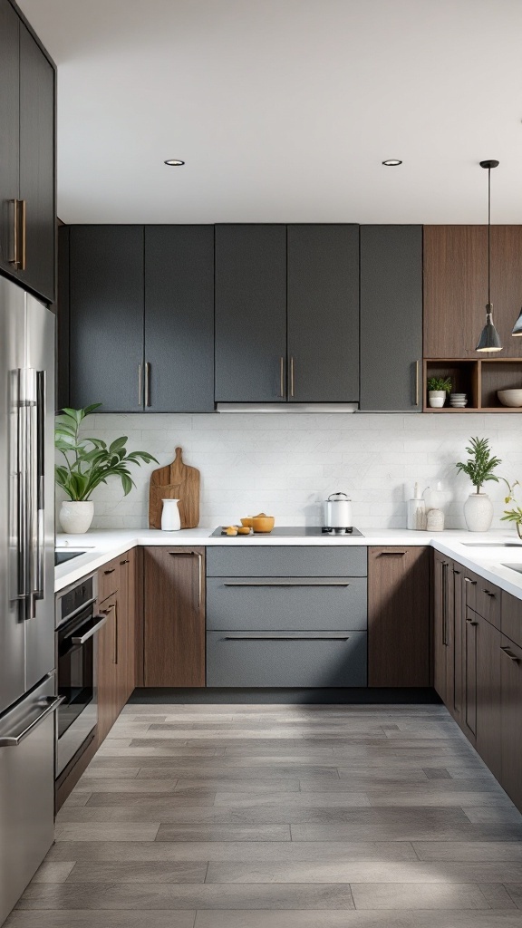 A modern kitchen featuring a mix of dark and light cabinet colors, with open shelves displaying plants and decor.