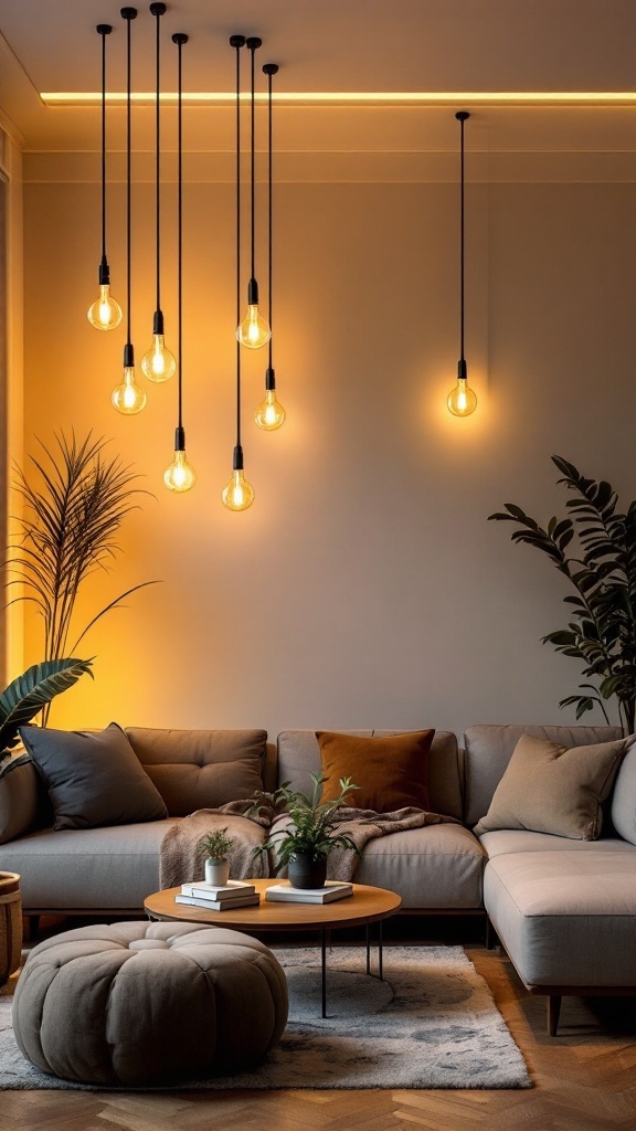 A stylish living room with creative lighting fixtures featuring hanging bulbs and warm tones.