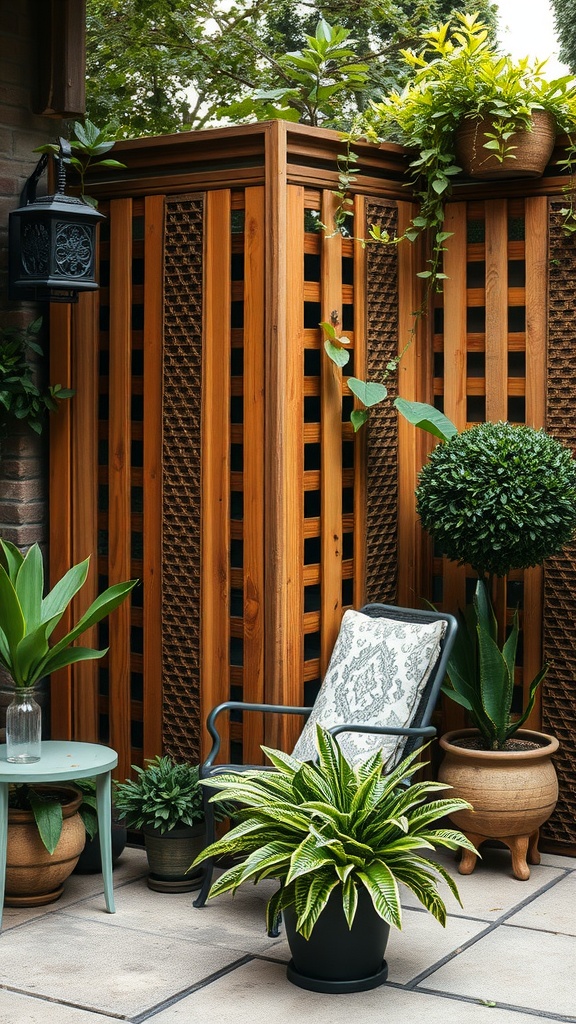 A cozy patio with wooden privacy screens, potted plants, and a comfortable chair.