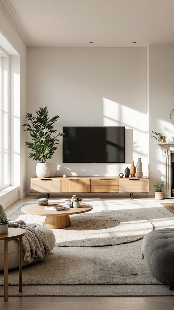 A stylish living room featuring a TV, wooden furniture, and decorative plants