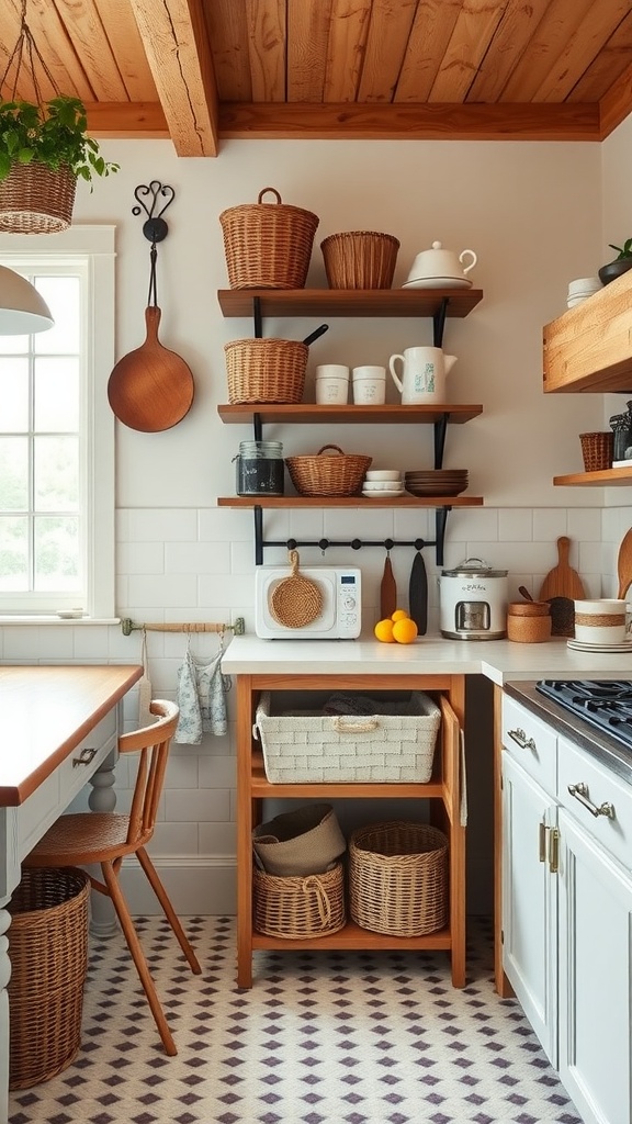 A cozy boho kitchen featuring open shelves with baskets and dishes, enhancing storage and decor.