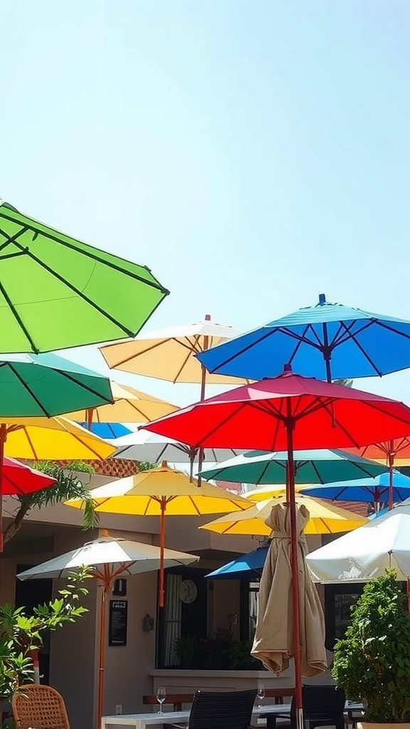 Colorful umbrellas arranged in a playful display above a patio.