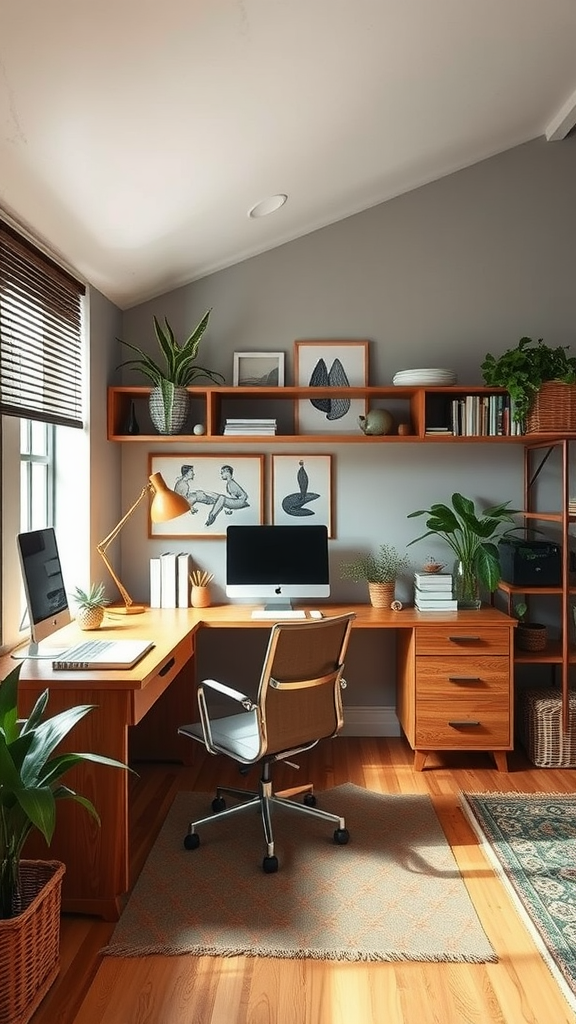 A cozy home office with wooden furniture, a computer, and plants.