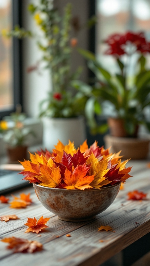 A bowl filled with colorful autumn leaves on a wooden table, with plants in the background.