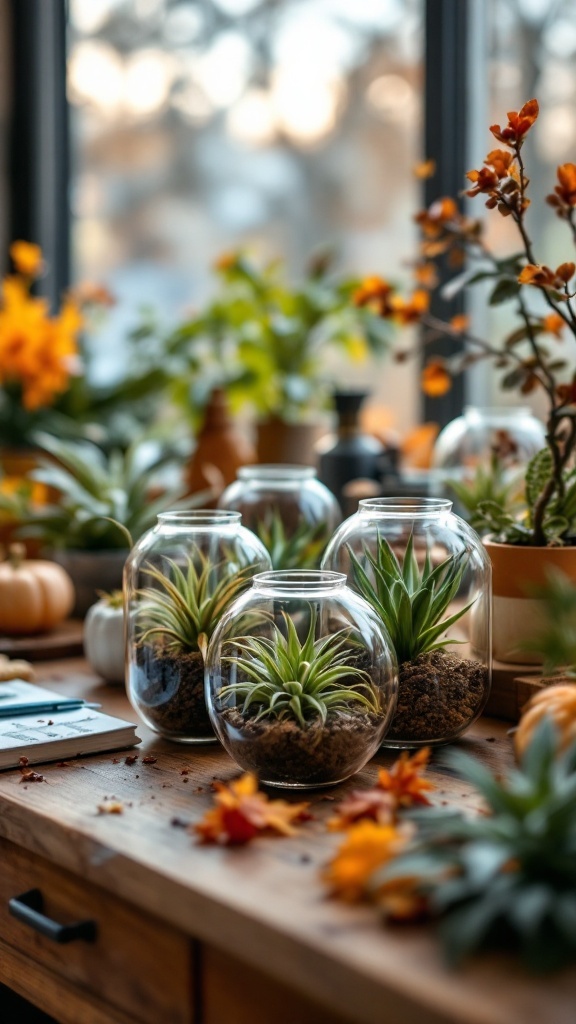 A cozy home office decorated with air plants in glass containers, surrounded by autumn leaves and flowers.