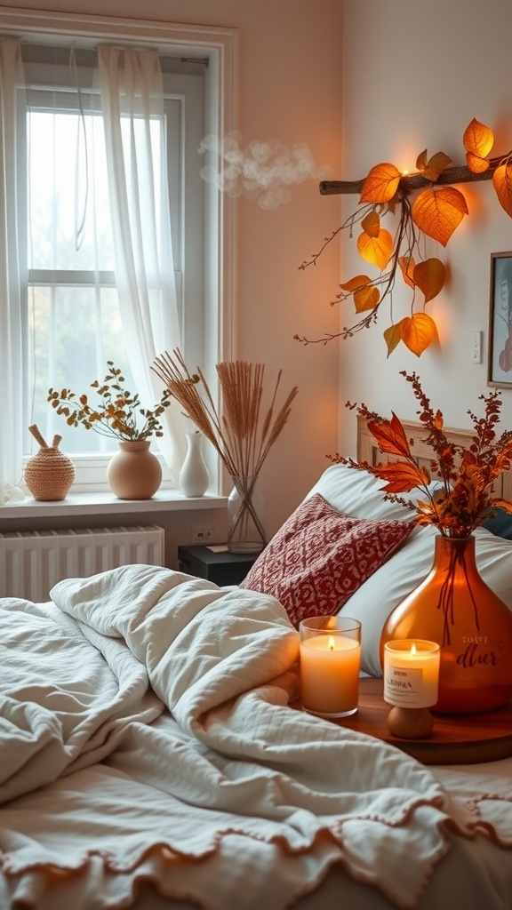 A cozy bedroom with lit candles and autumn decorations.