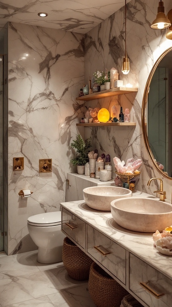 A stylish bathroom featuring crystal accents, marble surfaces, and elegant decor.