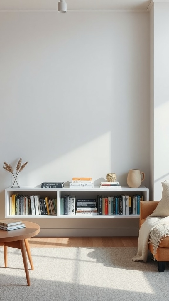 A modern minimal living room featuring a curated book collection on a shelf.