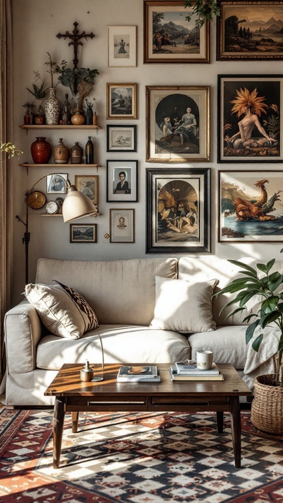 A cozy living room with a gallery wall featuring various framed artworks and decorations.