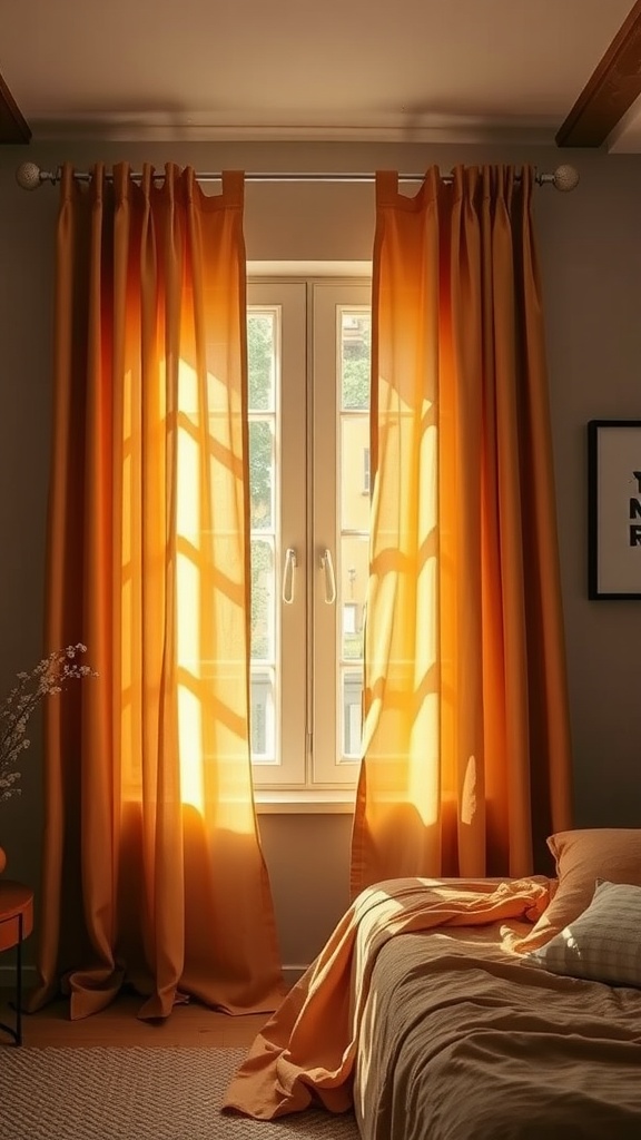 Cozy bedroom with earthy tone curtains and rustic decor.