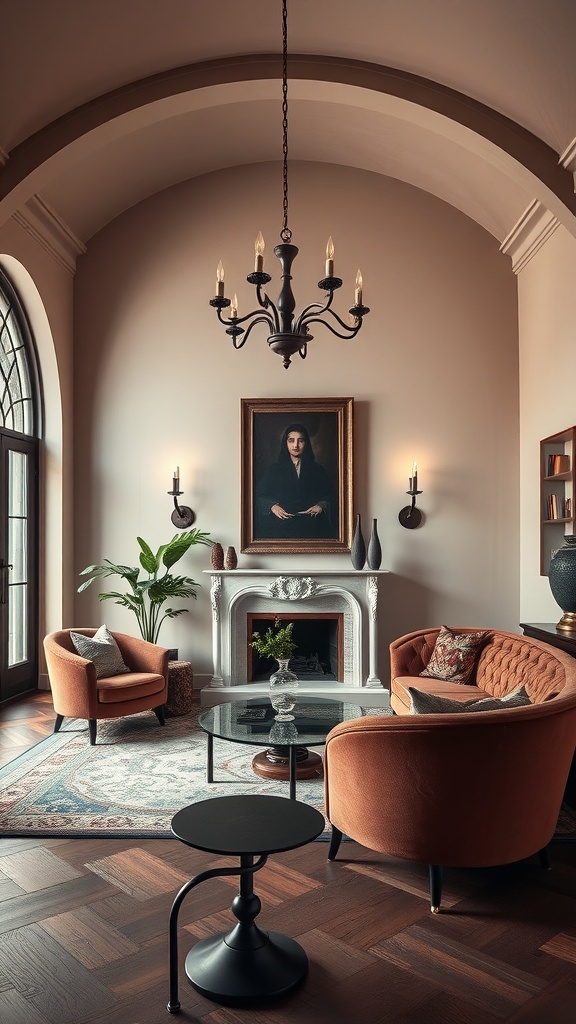 A gothic maximalism living room featuring curved furniture shapes with warm tones.