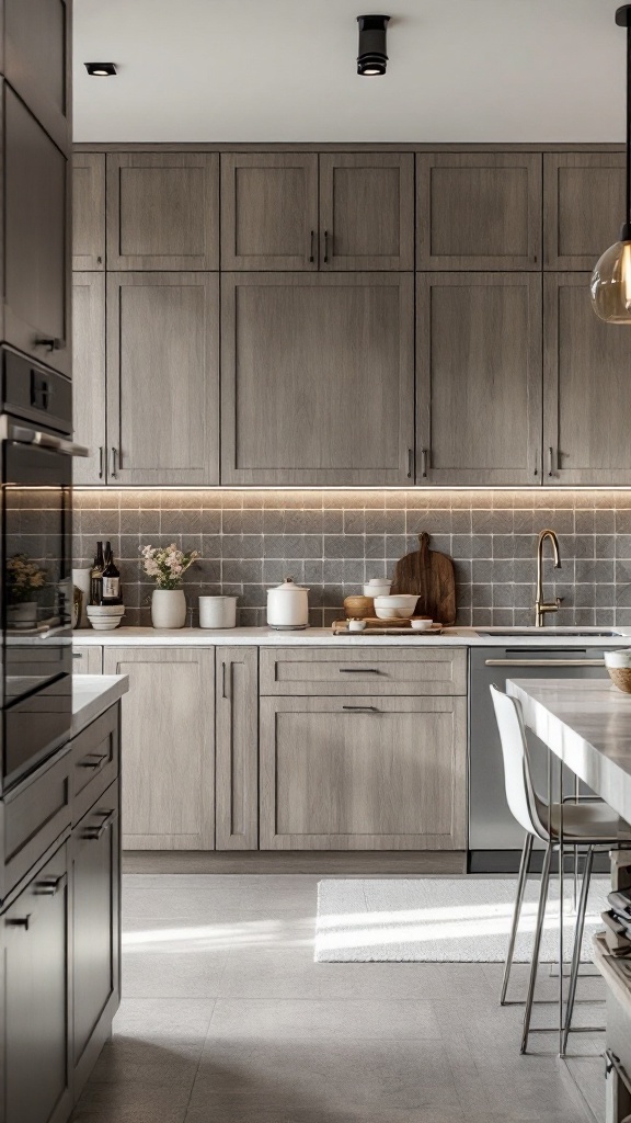 A modern kitchen featuring custom built-in cabinets and stylish decor.