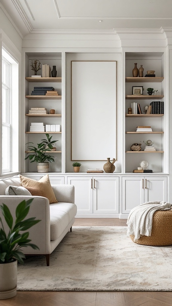 A cozy living room featuring custom built-in shelves with plants and decor items.