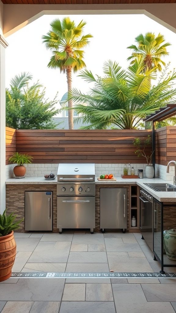 An outdoor kitchen featuring a modern design with quartz countertops and rustic elements, including a pizza oven and a central bar.