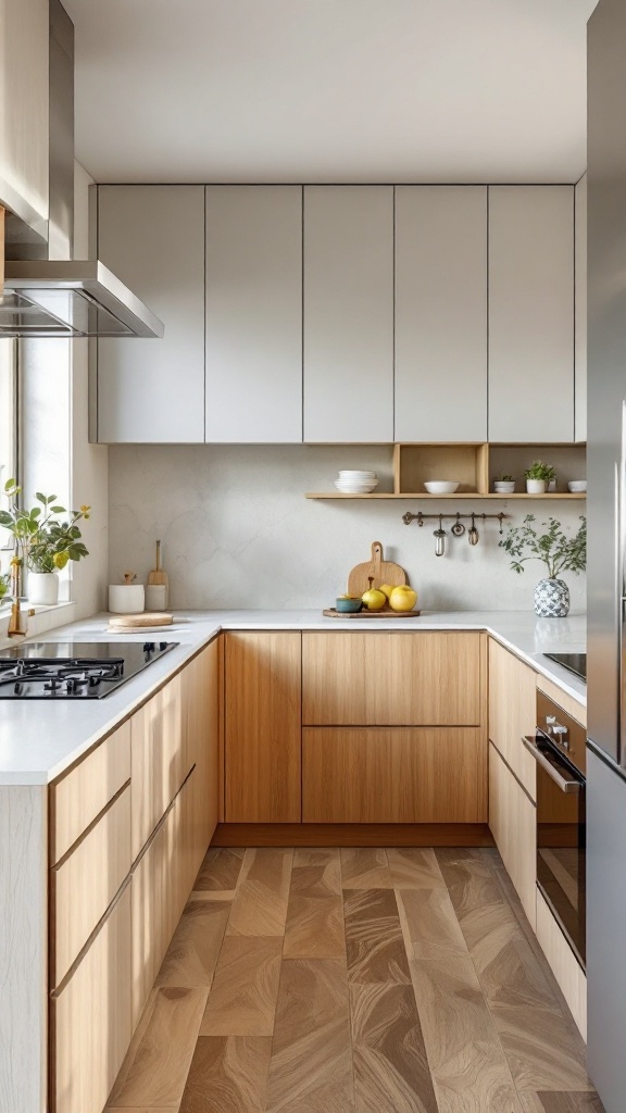 Modern kitchen with customizable modular cabinets in light wood and gray finishes.