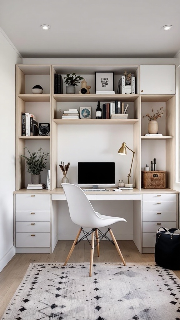 A stylish Scandinavian home office featuring a built-in Murphy desk, organized shelves, and a modern chair.