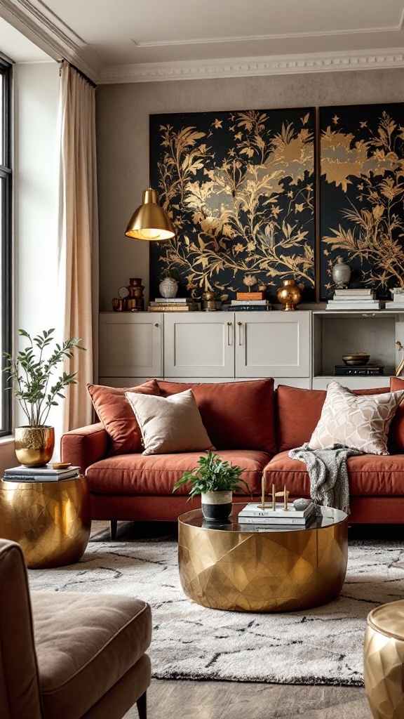 A stylish living room featuring metallic accents, including gold tables and a lamp, complemented by an orange sofa and floral wall art.