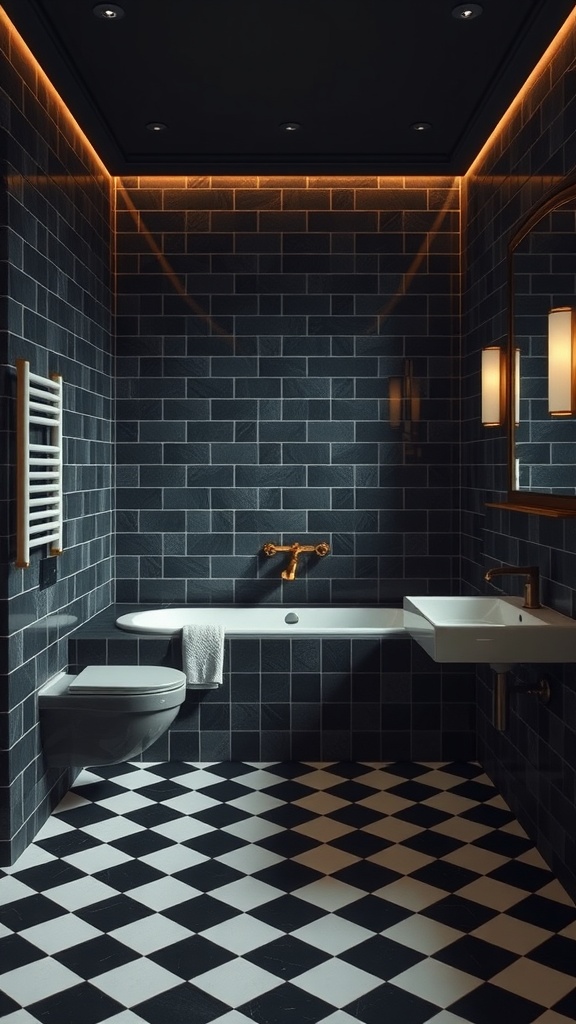 A dark and moody bathroom featuring checkerboard tiles, dark walls, and warm lighting.