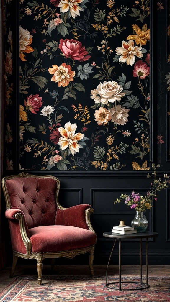 A living room featuring dark floral wallpaper, a plush red armchair, and a small side table with flowers.