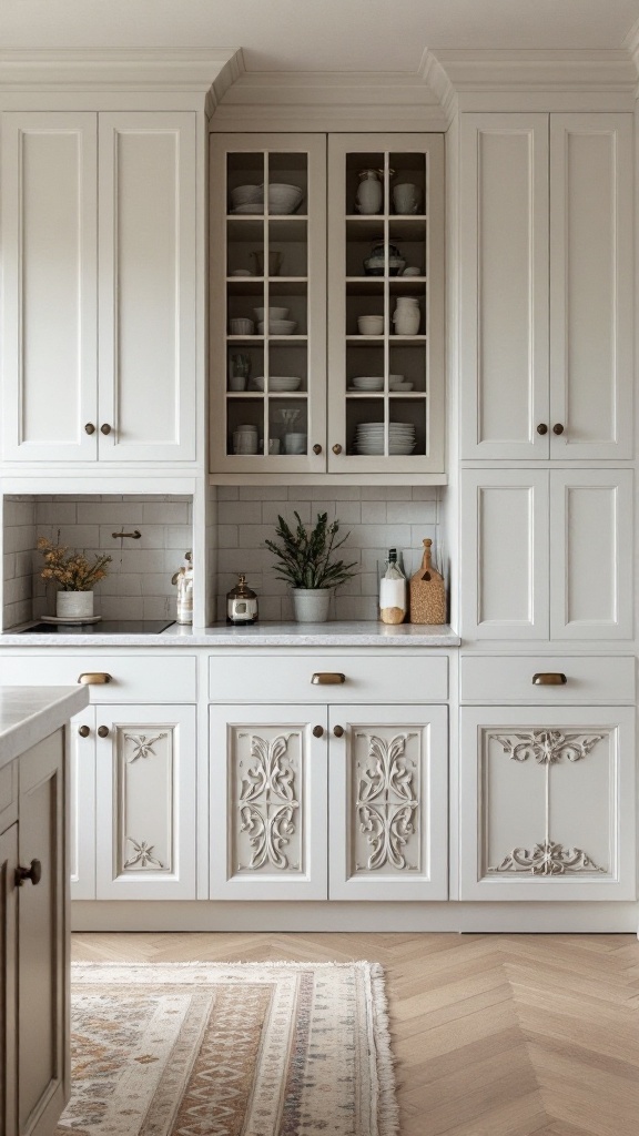 Stylish kitchen cabinets with decorative end panels and a cozy design.