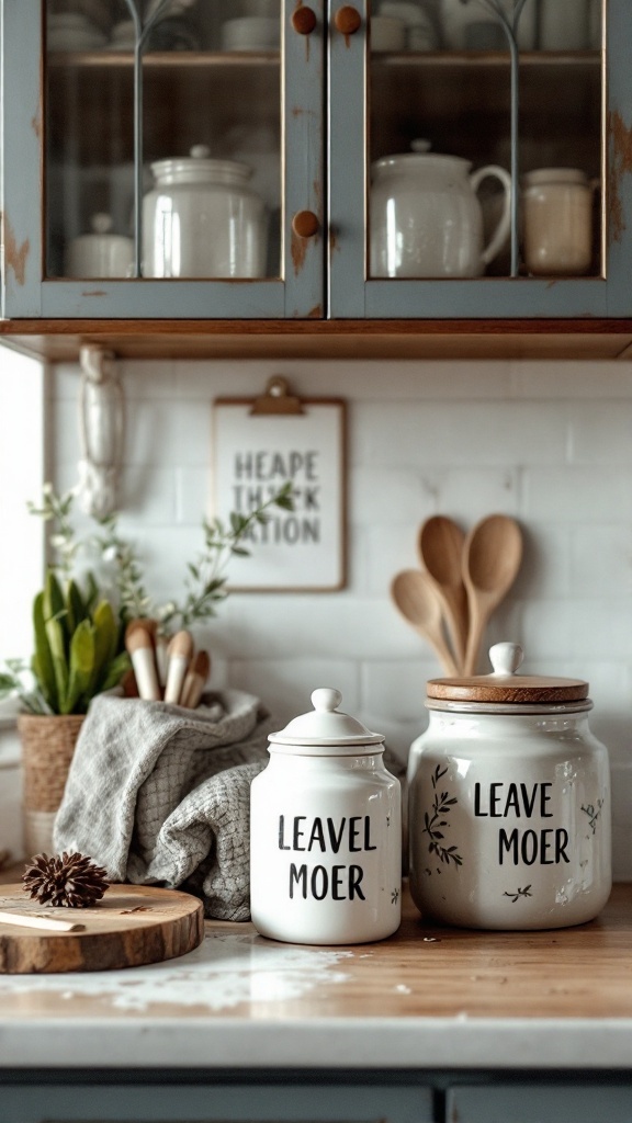 Decorative ceramic jars on a kitchen countertop with a rustic vibe.