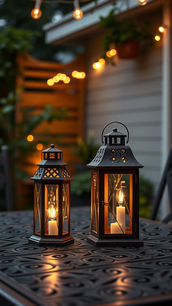 Two decorative lanterns on a table with a soft glow and string lights in the background.