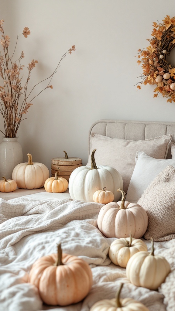 Cozy bedroom decorated with various decorative pumpkins and soft bedding