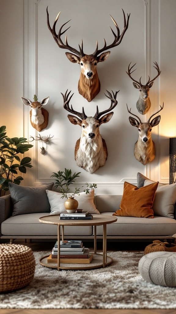 A living room featuring decorative taxidermy on the wall, surrounded by cozy furniture and decor.