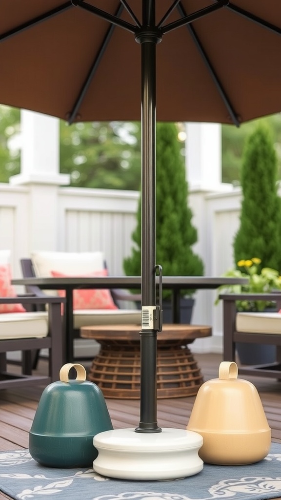 Three decorative umbrella weights in different colors, supporting a patio umbrella.