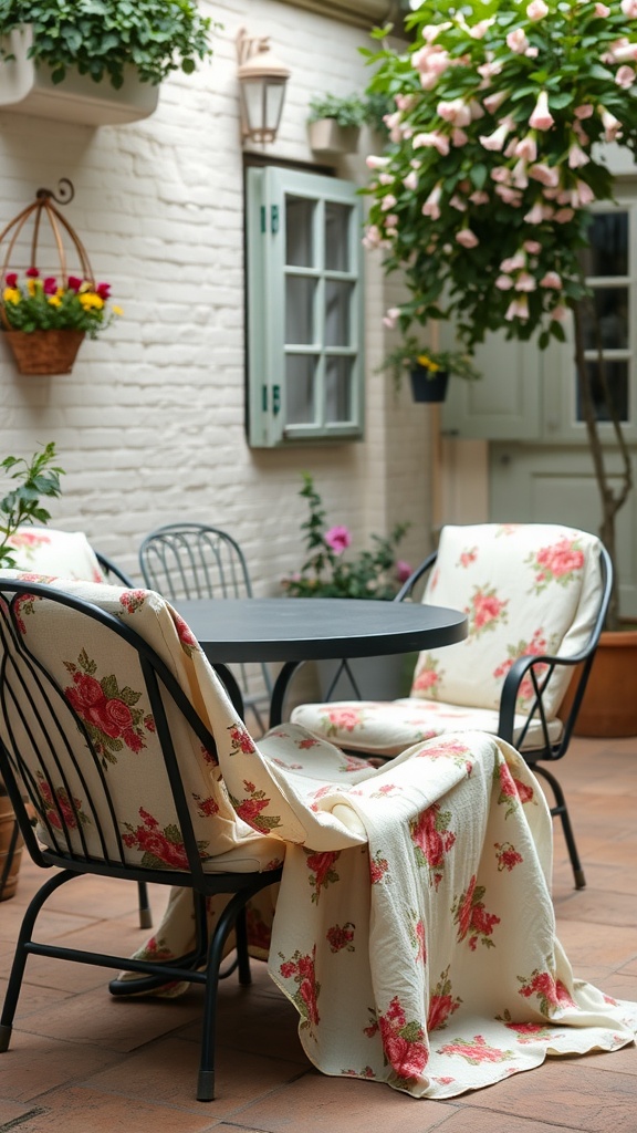 Patio with floral fabrics on chairs and a table, surrounded by greenery.