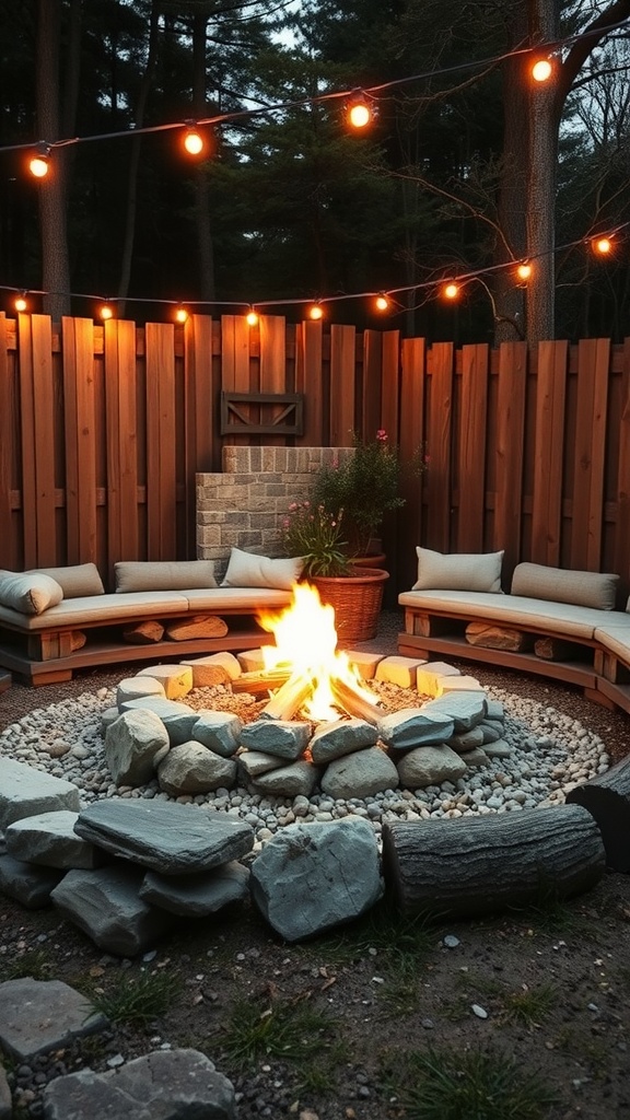 A DIY fire pit area with stone seating and string lights.