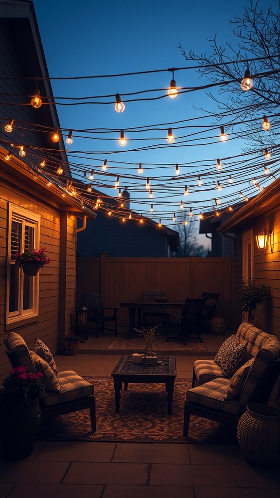 A cozy patio with string lights overhead, creating a warm and inviting atmosphere.