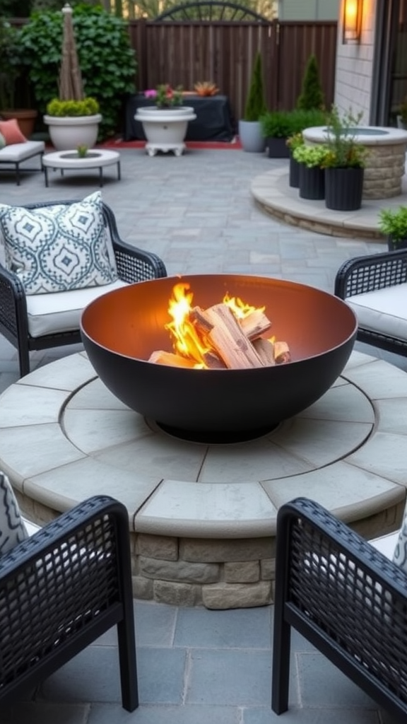 A cozy patio with a DIY tabletop fire bowl, surrounded by chairs and plants.