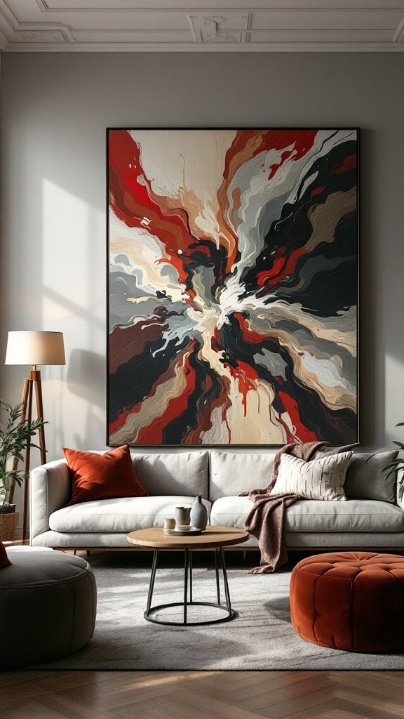 A vibrant abstract artwork in a living room with a modern sofa and stylish decor.