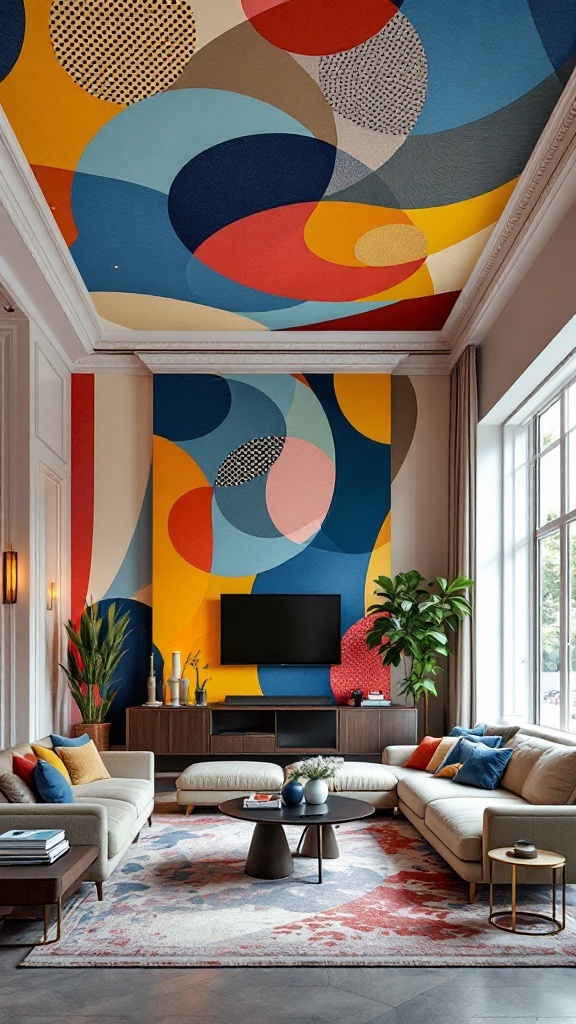 A vibrant living room with a colorful, patterned ceiling and matching wall design.