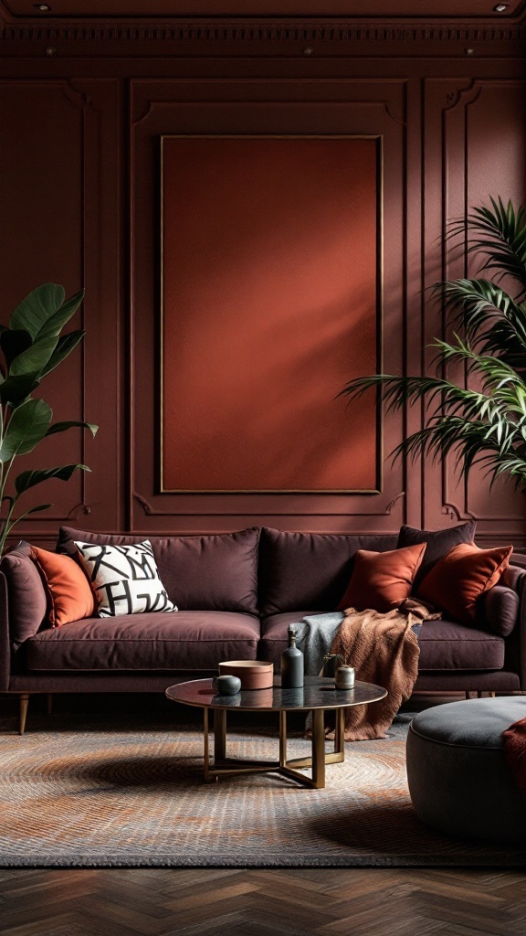 A living room featuring a deep red wall, a plush purple sofa with patterned cushions, and green plants.