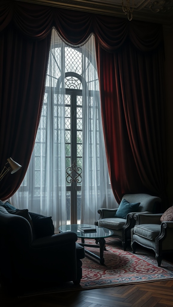 A gothic maximalism living room featuring dramatic curtains and elegant furniture.