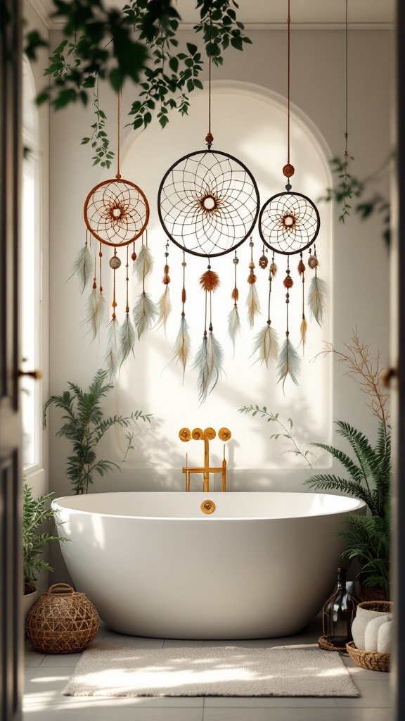 A serene bathroom featuring three dreamcatchers hanging above a modern bathtub, surrounded by plants.