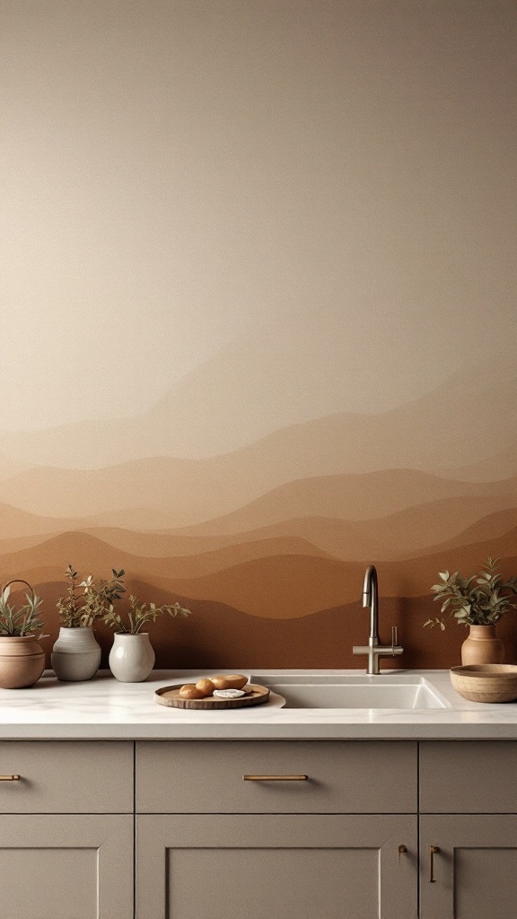 Kitchen with earthy color gradient backsplash featuring soft browns and creams, complemented by plants and a modern sink.