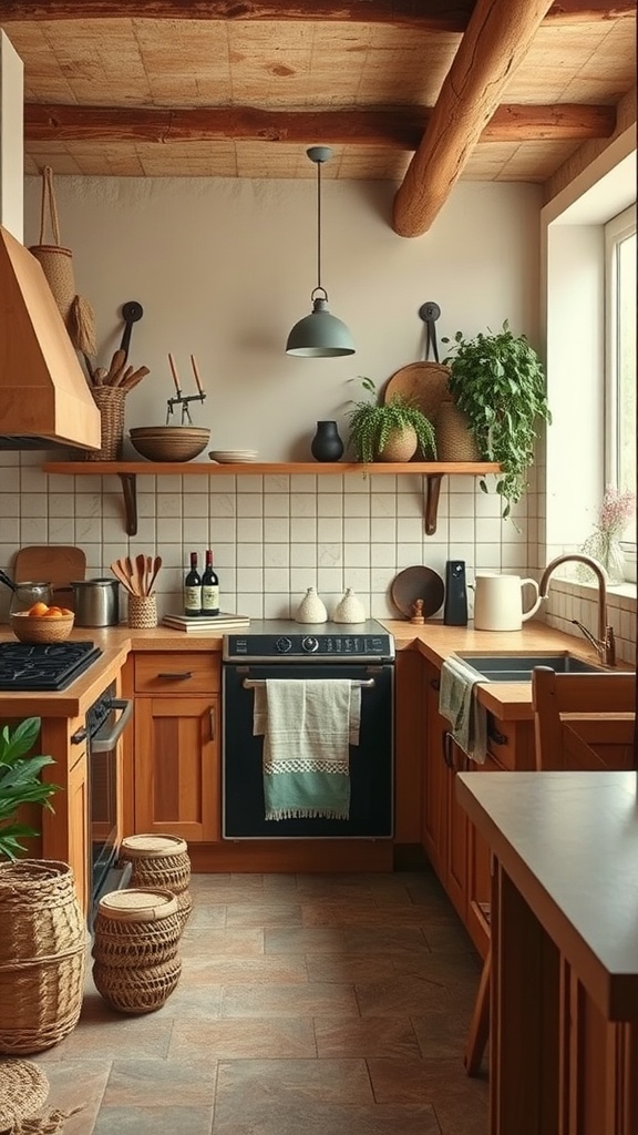 A warm, earthy colored kitchen with wooden cabinets, green plants, and natural decor.